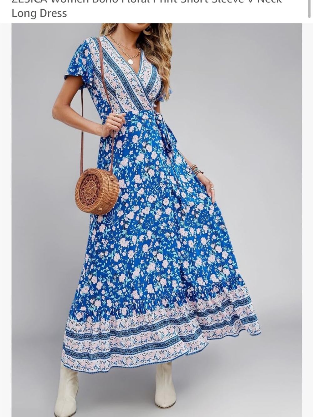 Blue Floral Wrap Maxi Dress with Tie Waist - Picture 9 of 10